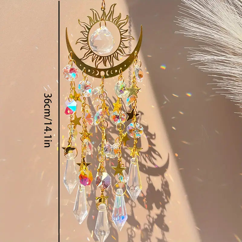 Crystal Suncatcher Wind Chime - Bohemian Glass Iron Moon Sun Catcher, Thanksgiving Decor, Hanging Rainbow Prism Pendant, No-Electricity Home Window Decor Gift, 1pc