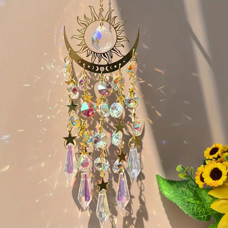 Crystal Suncatcher Wind Chime - Bohemian Glass Iron Moon Sun Catcher, Thanksgiving Decor, Hanging Rainbow Prism Pendant, No-Electricity Home Window Decor Gift, 1pc
