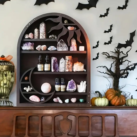 Wooden Wall-Mounted Moon & Sun Storage Shelf - 3-Tier Bohemian Wall Organizer with Crystal Stones, Witch Stones & Essential Oils