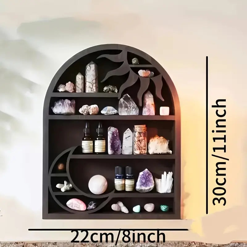 Wooden Wall-Mounted Moon & Sun Storage Shelf - 3-Tier Bohemian Wall Organizer with Crystal Stones, Witch Stones & Essential Oils