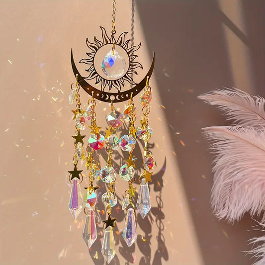 Crystal Suncatcher Wind Chime - Bohemian Glass Iron Moon Sun Catcher, Thanksgiving Decor, Hanging Rainbow Prism Pendant, No-Electricity Home Window Decor Gift, 1pc